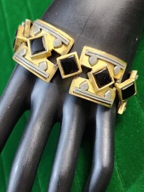 Vintage 1980s Roxanne Assoulin Geometric Link Bracelet Gold Tone Black Glass Art